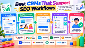 CRM and SEO workflow infographic showing organic search visitors, lead capture, sales pipelines, and customer conversions