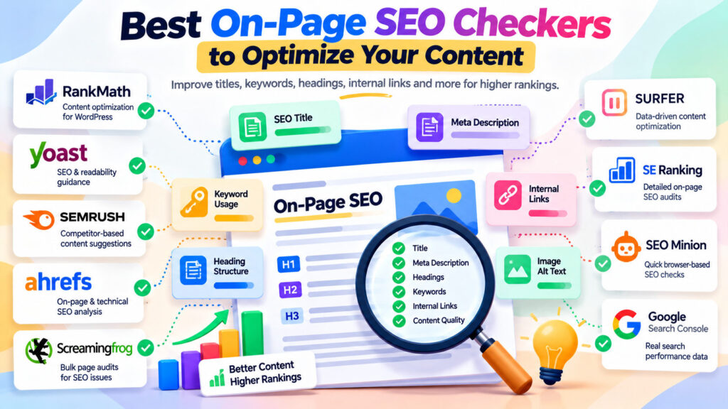 On-page SEO checker illustration showing content optimization, keyword analysis, headings, and website SEO audit elements