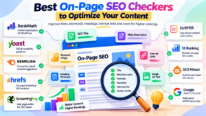 On-page SEO checker illustration showing content optimization, keyword analysis, headings, and website SEO audit elements