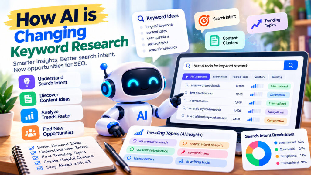 AI-powered keyword research illustration showing a robot analyzing search intent, keyword suggestions, trending topics, and SEO data.