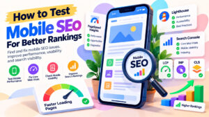 Mobile SEO testing illustration with a smartphone, PageSpeed Insights, Lighthouse, Core Web Vitals, and search performance charts.