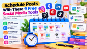 Social media scheduling infographic showing a weekly content calendar, scheduled posts, and popular social media platforms.