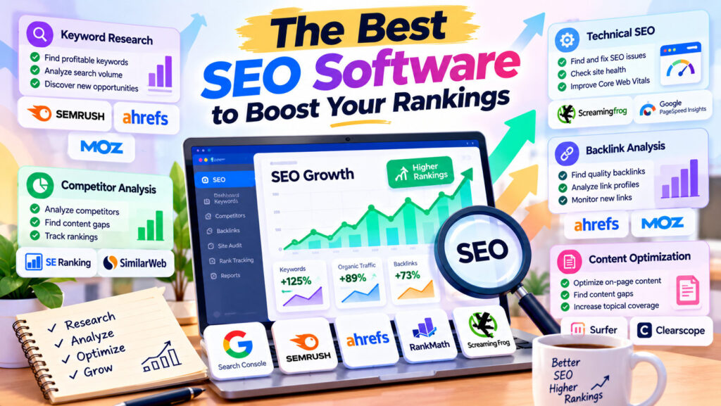 Best SEO software infographic comparing keyword research, website audits, backlinks, content optimization, and rank tracking tools