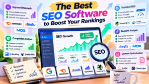 Best SEO software infographic comparing keyword research, website audits, backlinks, content optimization, and rank tracking tools