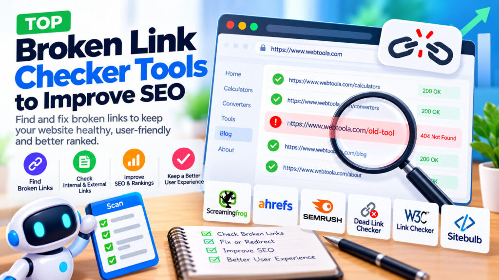 Broken link checker tools for SEO showing a website audit dashboard, 404 errors, working links, and a magnifying glass