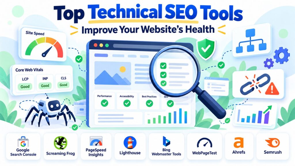 Technical SEO website health audit illustration with a performance gauge, crawling checks, and SEO diagnostics