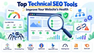 Technical SEO website health audit illustration with a performance gauge, crawling checks, and SEO diagnostics